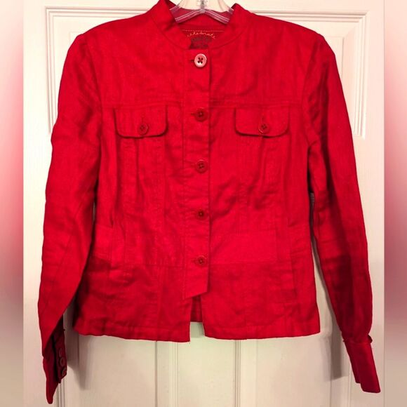 Coldwater Creek red 100% linen fitted utility military button Blazer jacket P6 - Picture 1 of 8